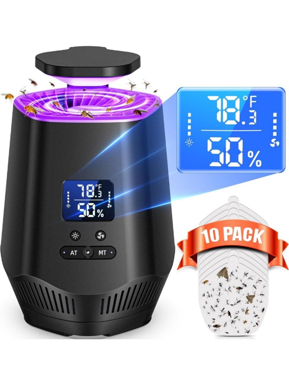 Indoor Fruit Fly Traps - Smart Bug Zapper with Humidity Sensor & 10 Sticky